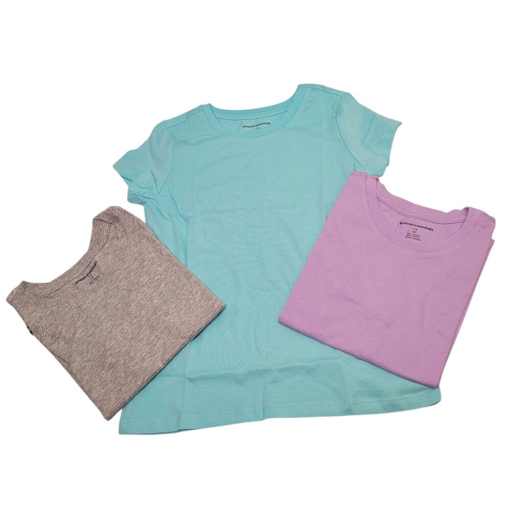 Amazon Essentials Girl Short Sleeve T-Shirt Lot (3 Pack) Aqua/Gray & Lilac M